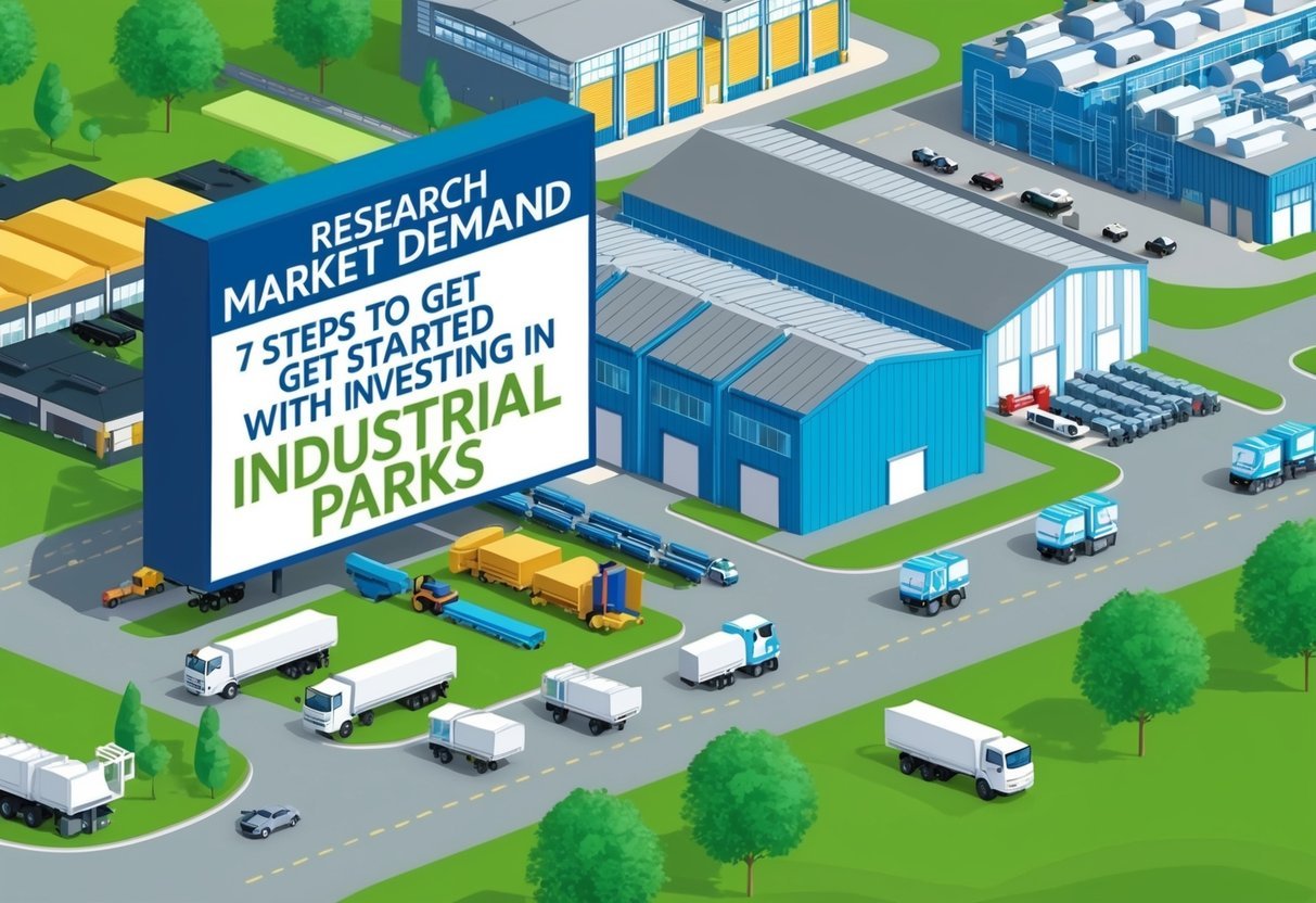 A bustling industrial park with warehouses, factories, and transportation vehicles.</p><p>A sign with "Research Market Demand 7 Steps to Get Started with Investing in Industrial Parks" displayed prominently