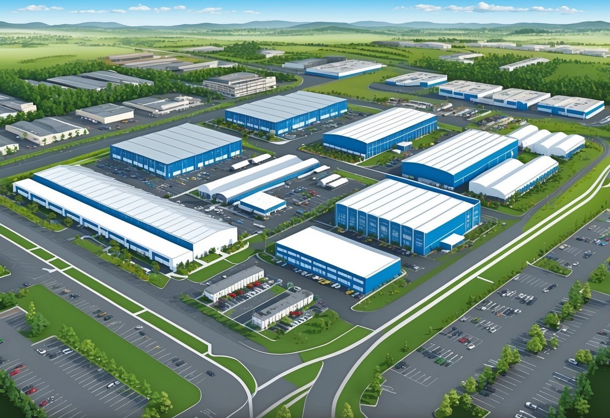 A sprawling industrial park with warehouses, factories, and office buildings surrounded by roads and parking lots