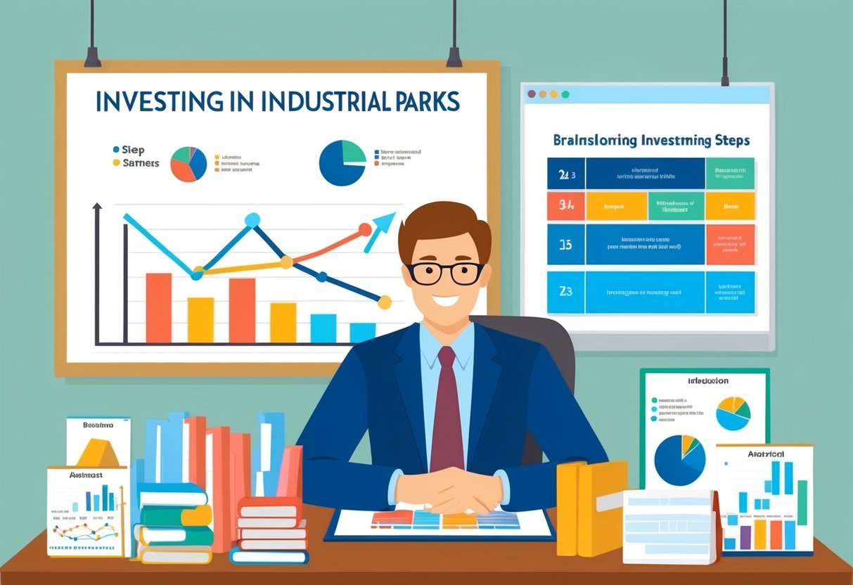 A person at a desk, surrounded by charts and graphs, brainstorming and outlining steps for investing in industrial parks