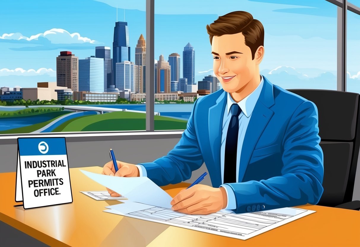 A person at a desk filling out paperwork with a city skyline in the background.</p><p>A sign nearby reads "Industrial Park Permits Office."