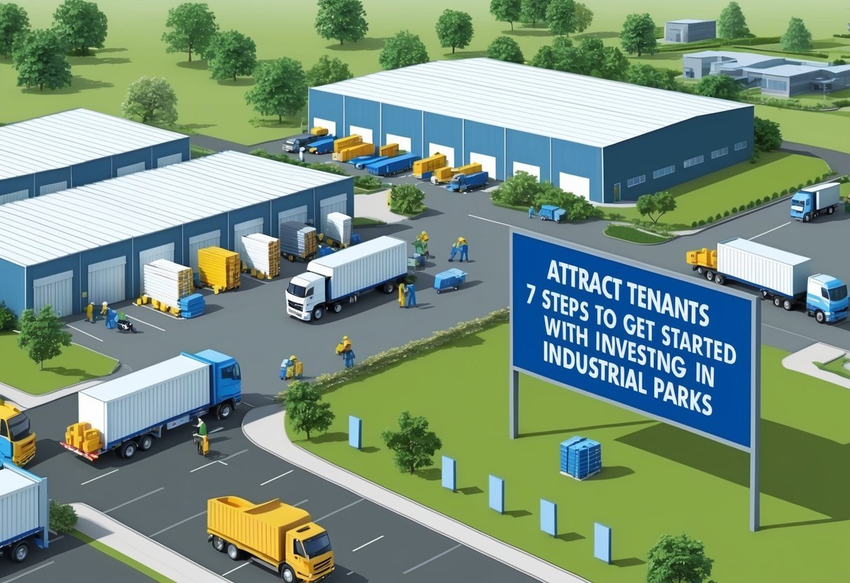 A bustling industrial park with warehouses, offices, and green spaces.</p><p>Trucks loading and unloading goods while workers move about.</p><p>A sign with the title "Attract Tenants 7 Steps to Get Started with Investing in Industrial Parks" is prominently displayed