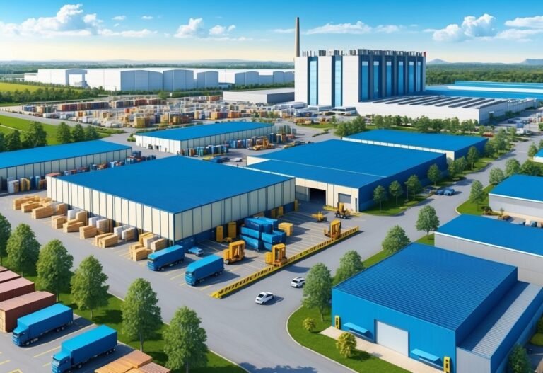 Aerial view of an industrial complex with blue warehouses and trucks