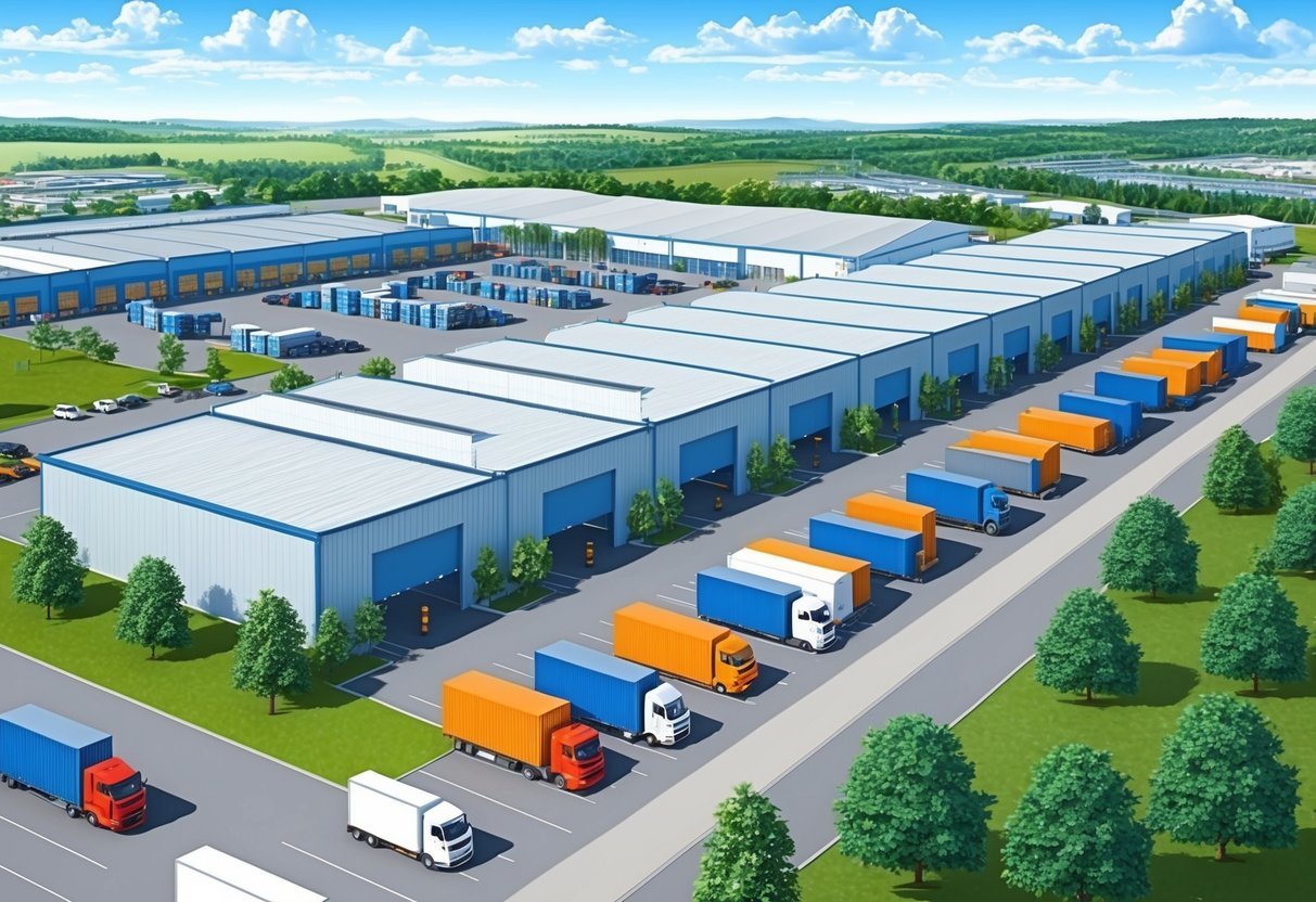 A bustling industrial park with well-maintained warehouses, busy loading docks, and a steady flow of trucks coming and going