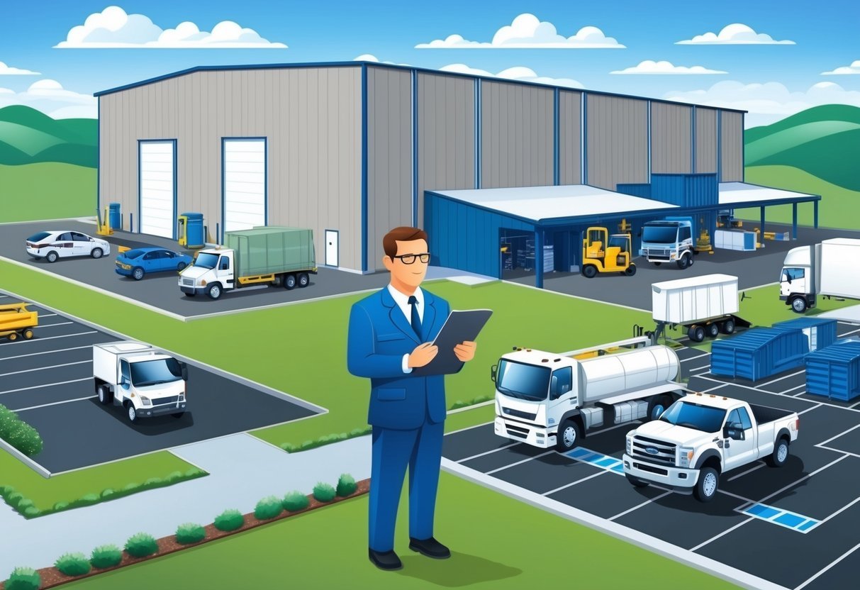 A large industrial building with machinery, vehicles, and equipment.</p><p>A facility manager reviews financial reports and maintenance schedules.</p><p>Outside, a landscaped area with parking and loading docks