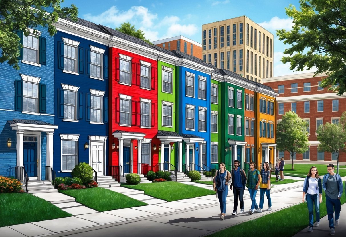 A row of colorful townhouses with "For Rent" signs, surrounded by college campus buildings and students walking to class