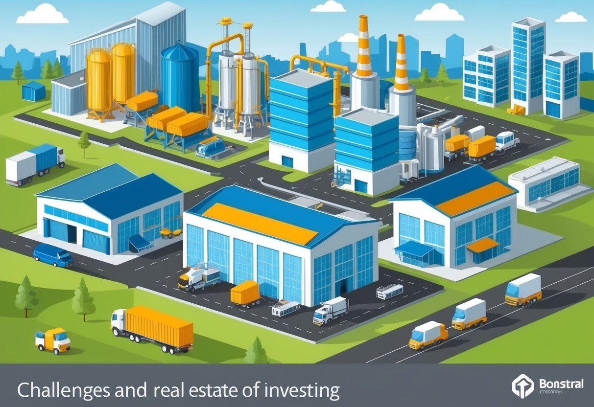 A bustling industrial real estate site with various buildings, machinery, and transportation vehicles.</p><p>The scene depicts the challenges and strategies of investing in this sector