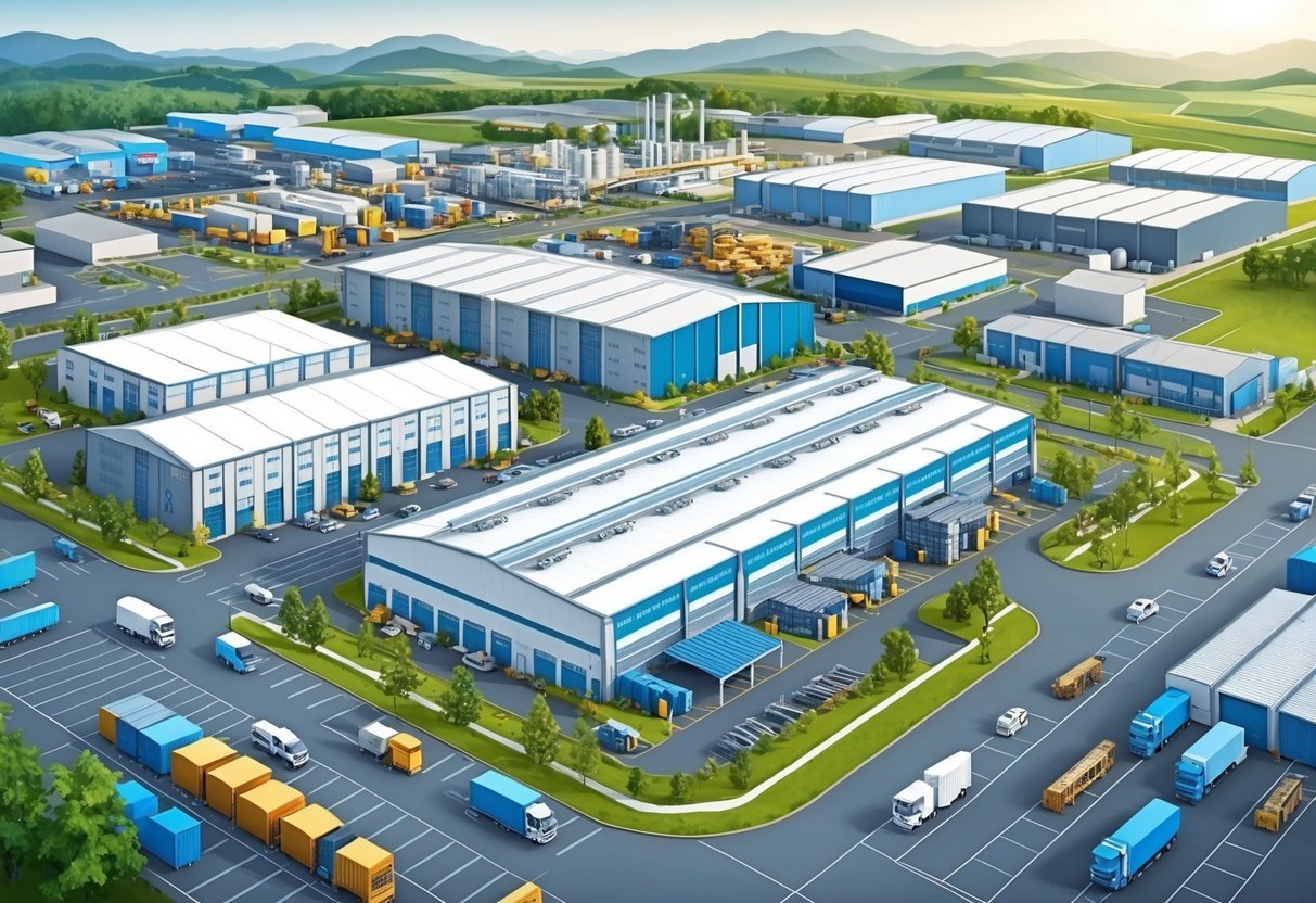 A bustling industrial park with warehouses, factories, and logistics centers surrounded by trucks and heavy machinery.</p><p>A mix of modern and older buildings with a sense of activity and growth