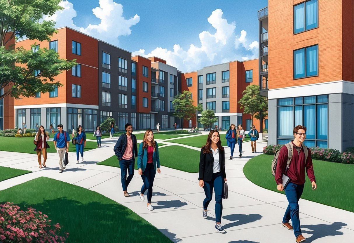 Students walking on a campus pathway in front of modern brick dorm buildings