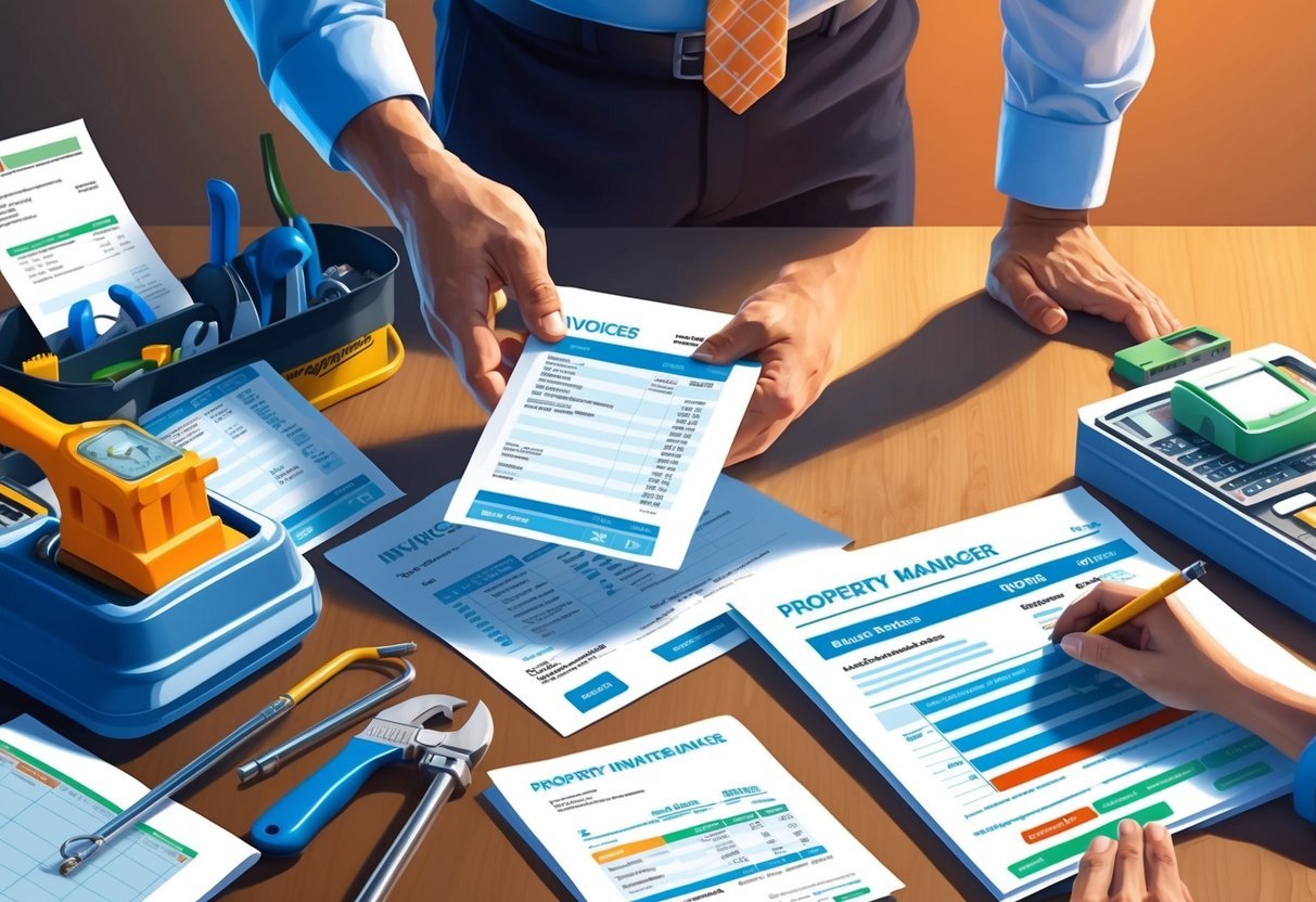 A property manager reviews invoices and budget reports, surrounded by maintenance tools and paperwork