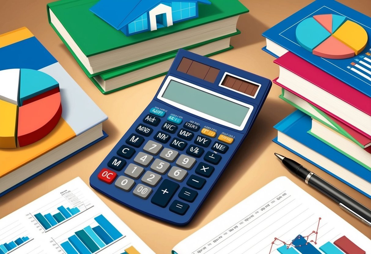 A calculator surrounded by real estate investment books and charts