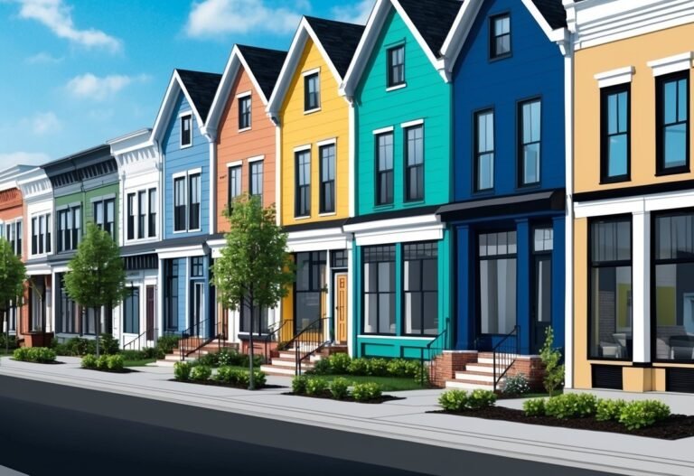 Row of colorful houses with black roofs and white trim