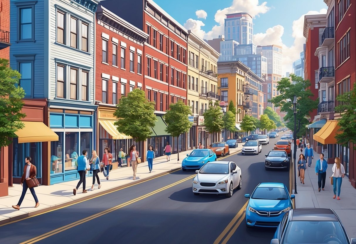 Street scene with cars, pedestrians, and colorful buildings on a sunny day