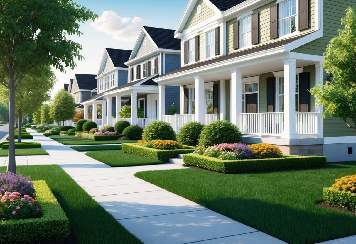 A charming suburban street with freshly manicured lawns, vibrant flowers, and neatly trimmed hedges.</p><p>A row of well-maintained houses with modern exterior enhancements and attractive curb appeal