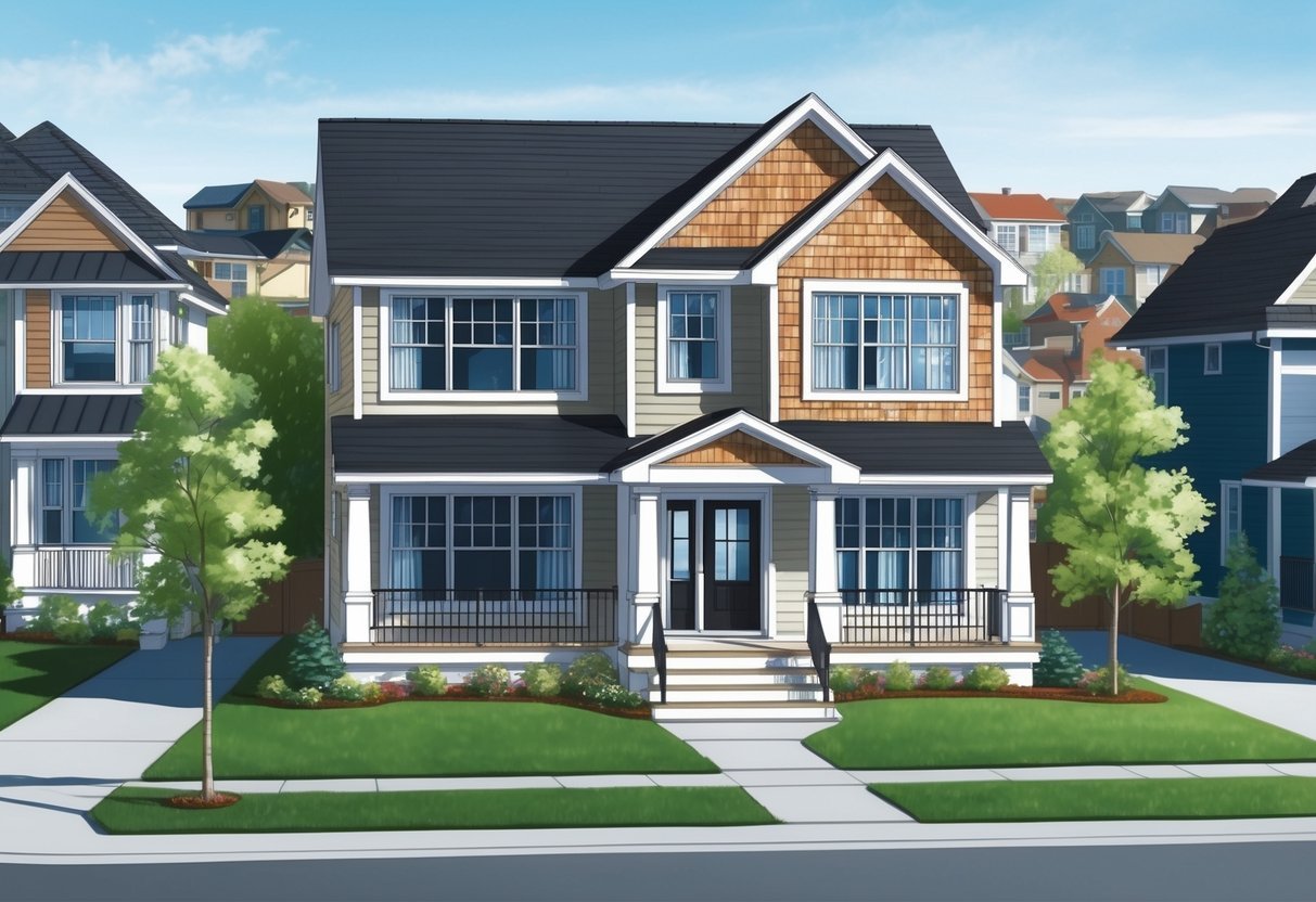 A house with newly installed energy-efficient windows and insulation, surrounded by other properties in an up-and-coming neighborhood