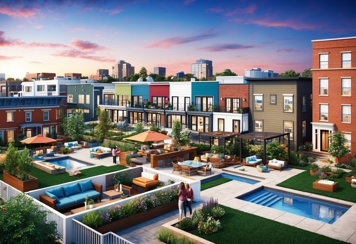 A vibrant neighborhood with diverse architecture, featuring modern outdoor living spaces such as rooftop terraces, cozy backyard patios, and stylish communal gathering areas