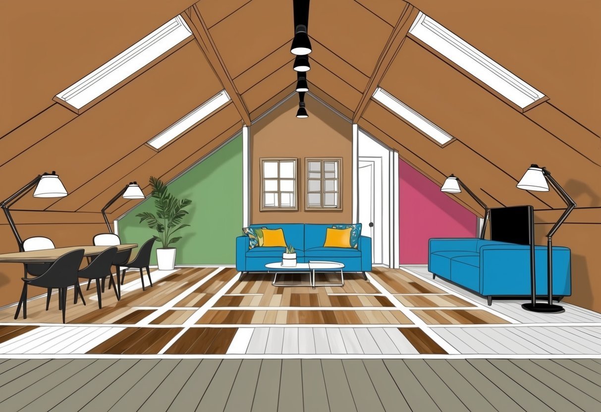 An attic or basement being renovated with new flooring, lighting, and furnishings to create a functional and attractive living space in a trendy neighborhood
