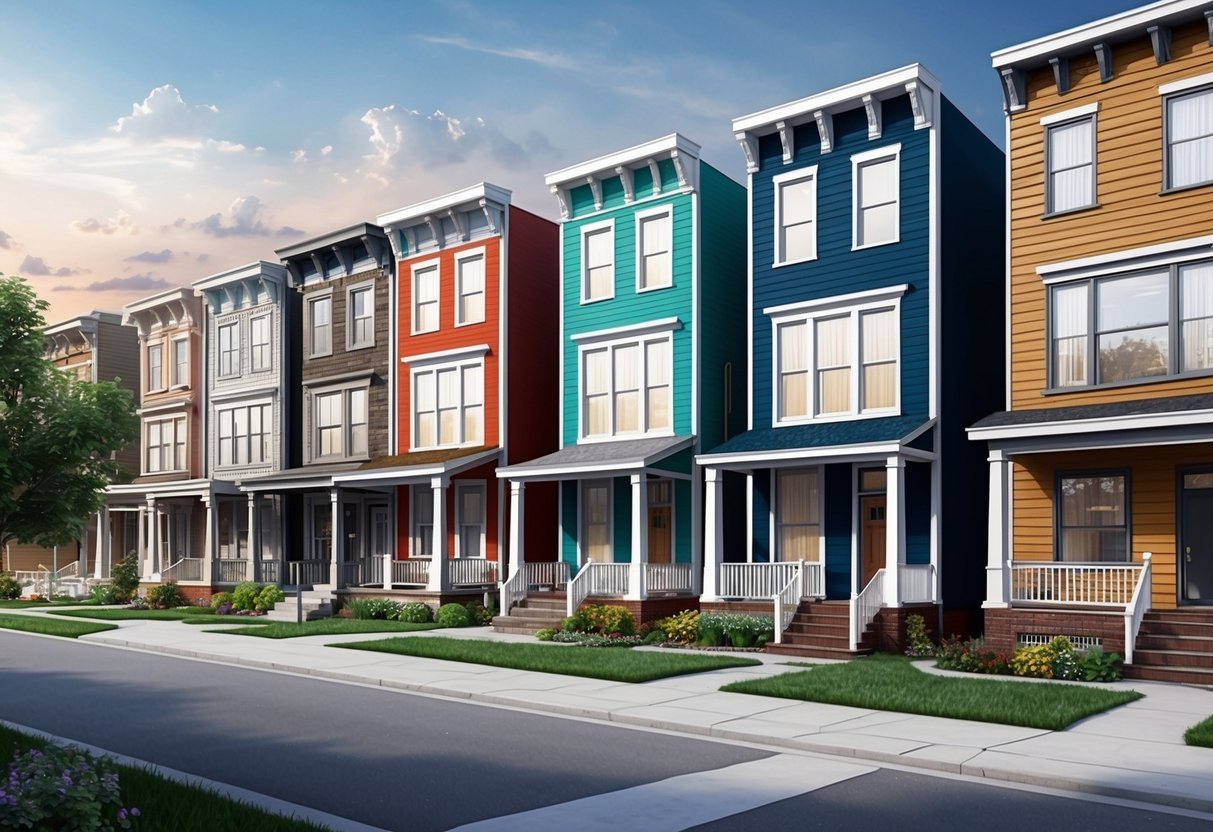 A row of old, dilapidated houses being transformed with fresh paint, new windows, and modern landscaping in a revitalizing neighborhood