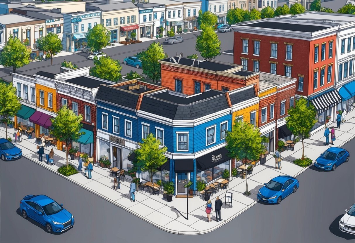A bustling neighborhood with trendy cafes, renovated homes, and new businesses popping up.</p><p>Real estate values are rising as people flock to the area
