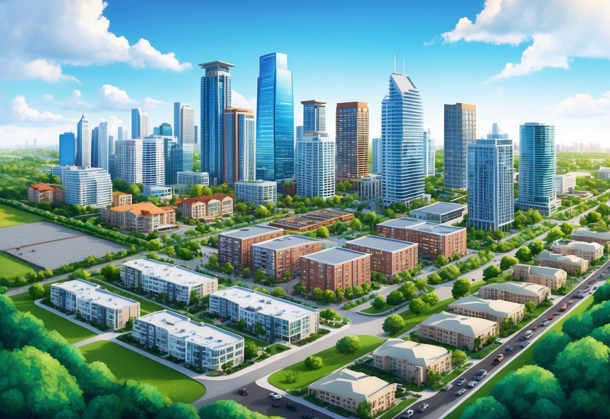 Cityscape with skyscrapers, apartment buildings, green spaces, and a blue sky