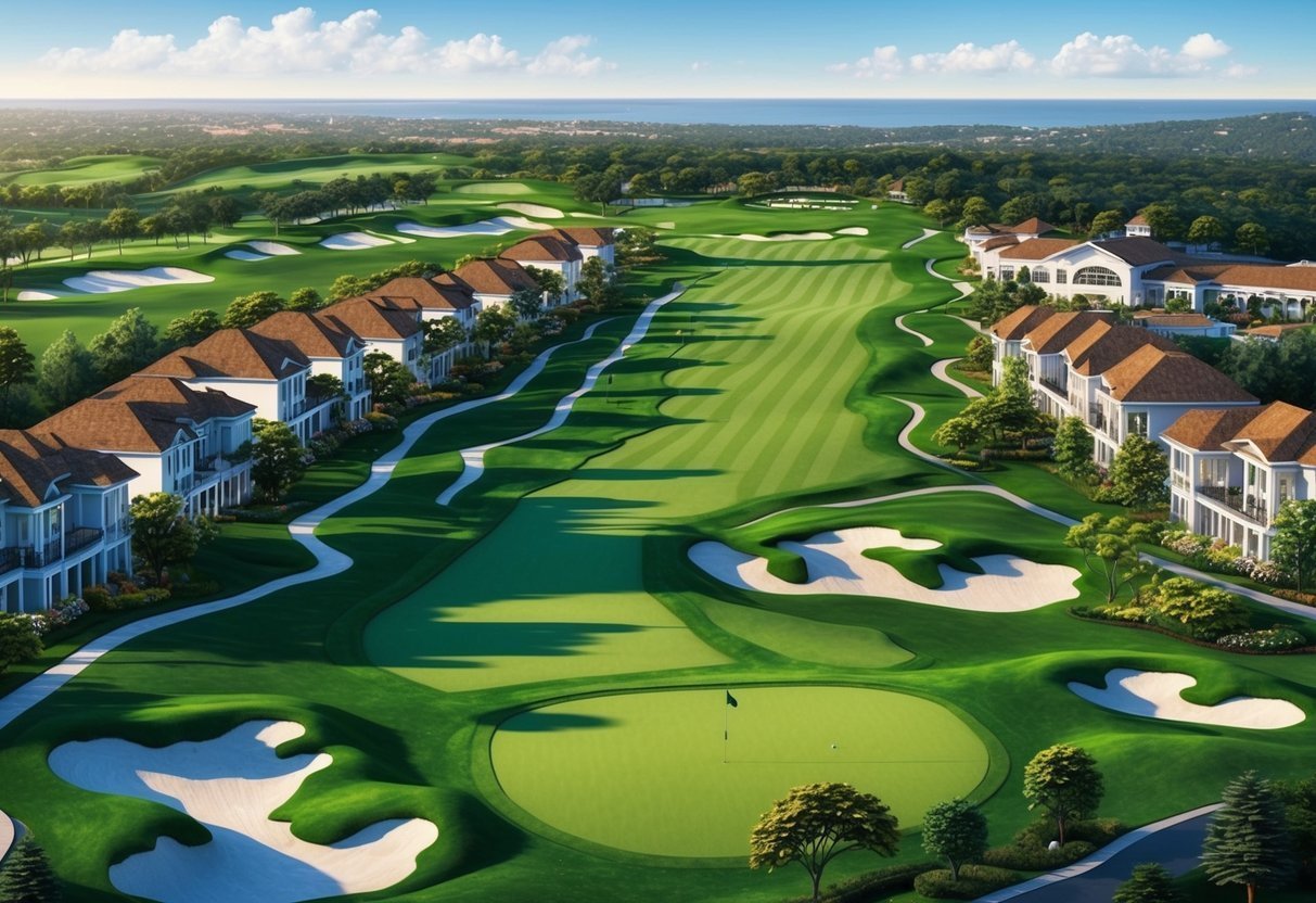 Aerial view of a golf course with houses and ocean in background