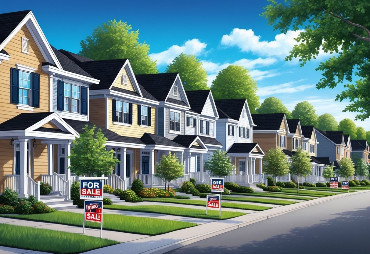 A suburban neighborhood with rows of houses, some with "For Sale" signs.</p><p>A mix of traditional and modern architecture, surrounded by greenery and a clear blue sky