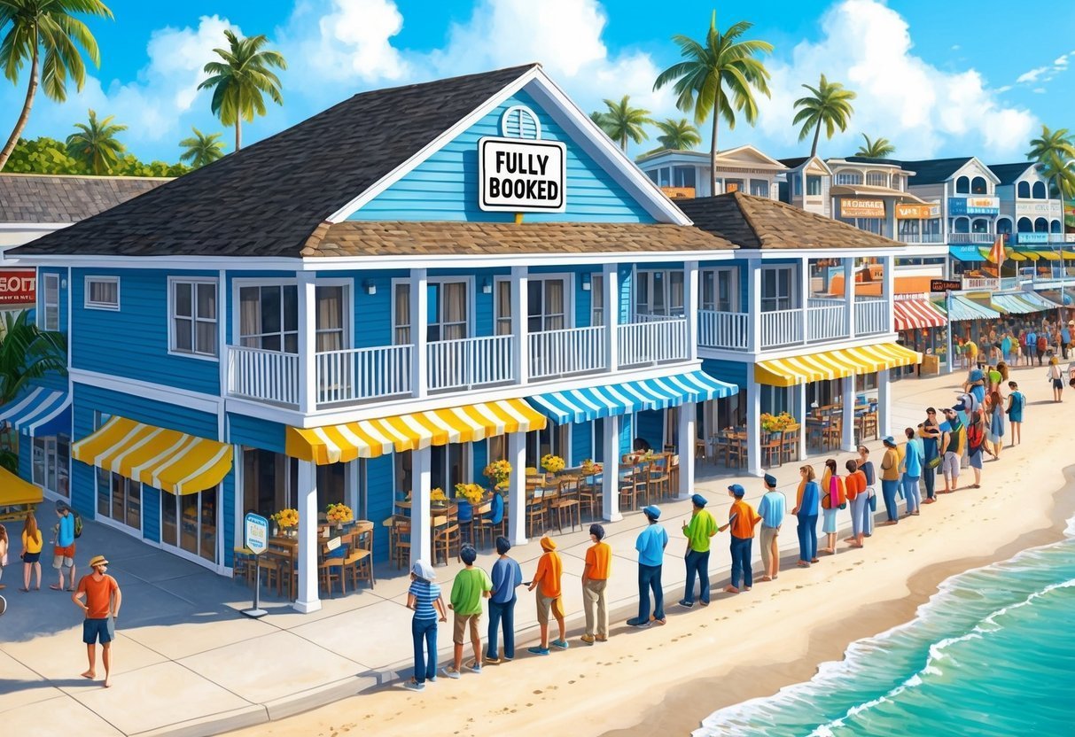 Beachfront restaurant with a "Fully Booked" sign and a long line of people