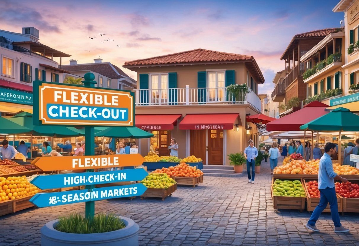 A vacation rental property with a sign displaying flexible check-in/check-out options, surrounded by bustling high-season markets