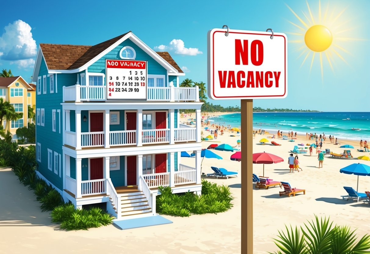 A beachfront vacation rental property with a fully booked calendar and a "no vacancy" sign displayed prominently.</p><p>The sun is shining, and the beach is bustling with vacationers