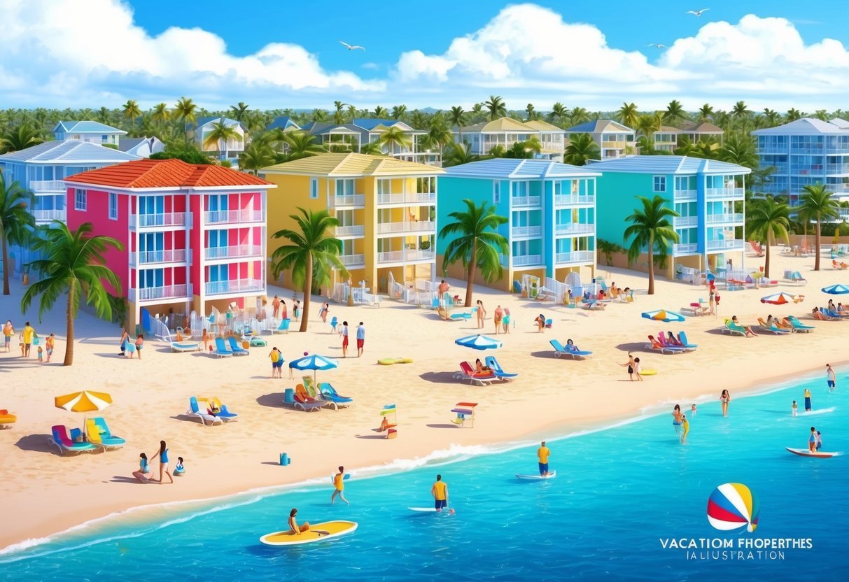 A sunny beachfront with colorful vacation rental properties, bustling with tourists and beachgoers, surrounded by palm trees and clear blue waters