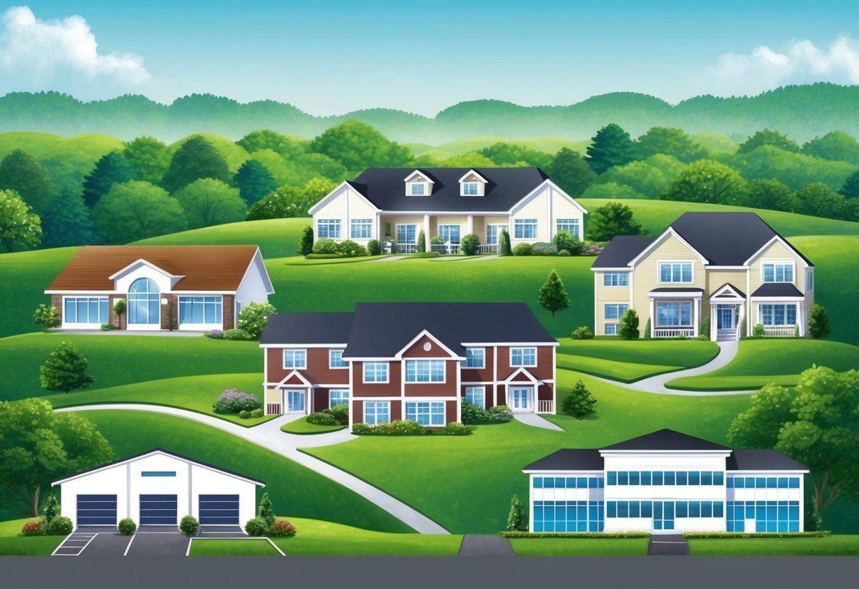 Illustration of several houses on green rolling hills under a blue sky