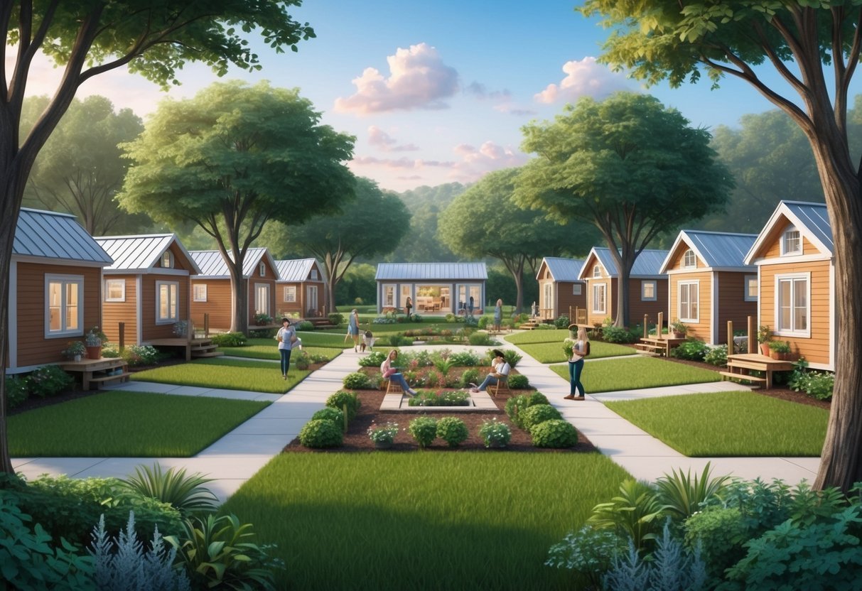 Tiny homes community with people, gardens, and trees on a sunny day