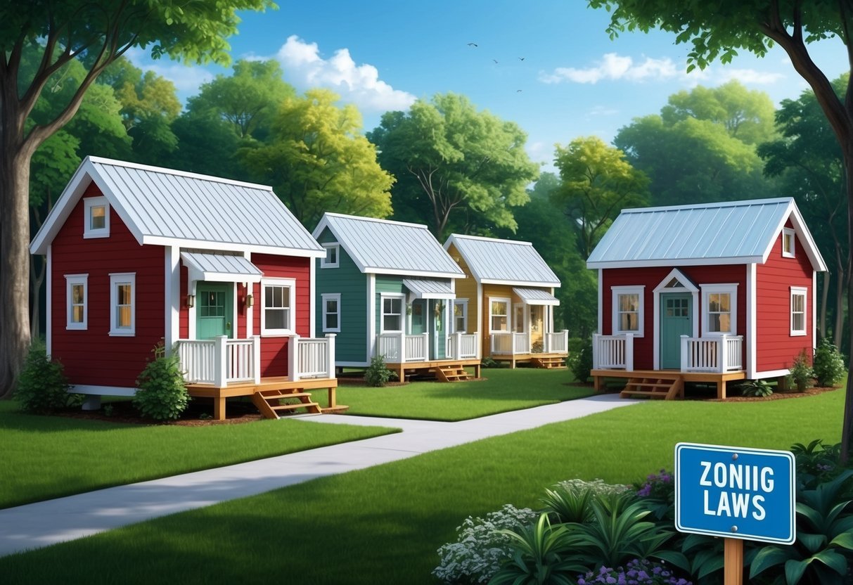 A group of tiny homes nestled in a lush, green community with clear signage indicating zoning laws