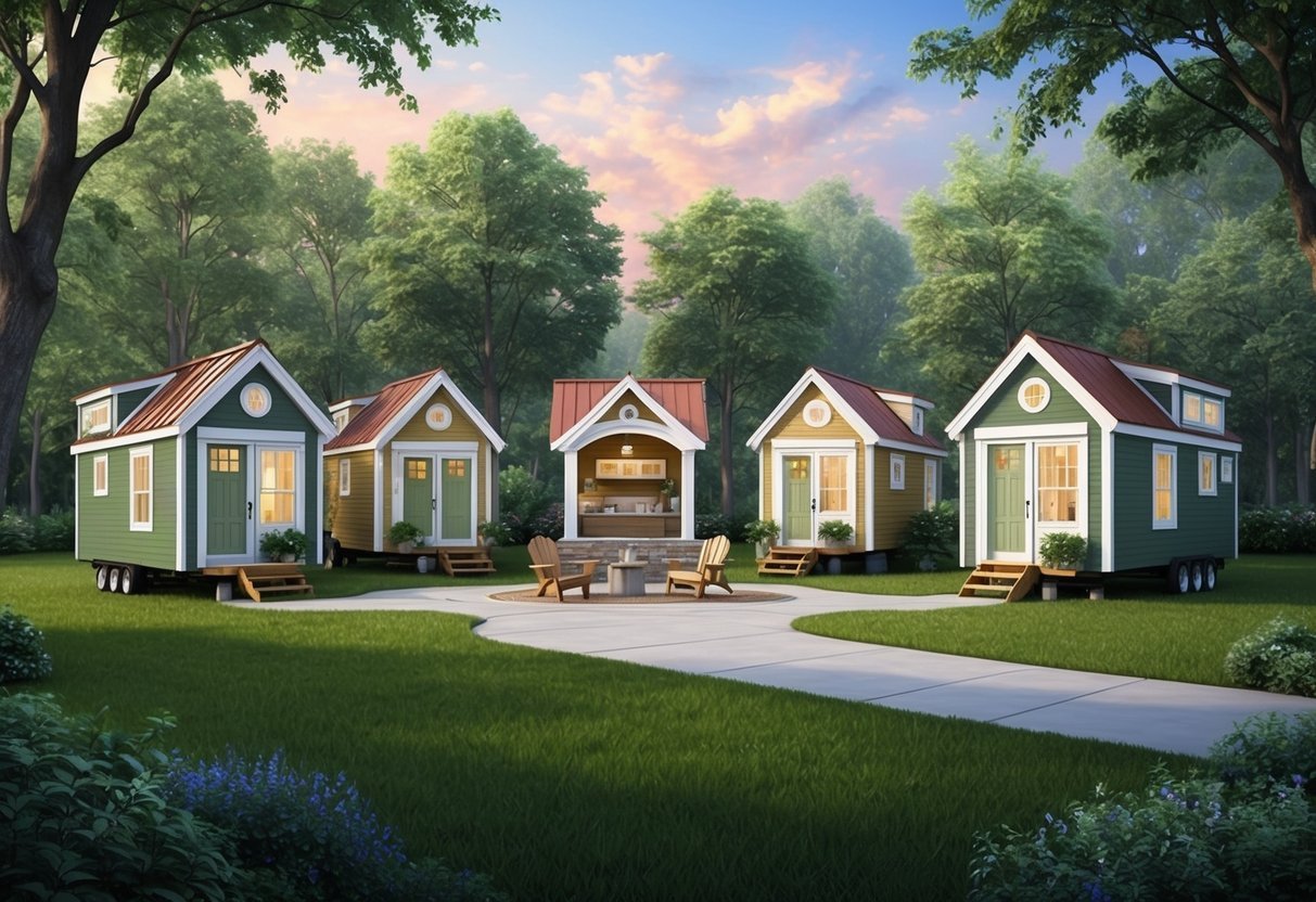 A group of tiny homes nestled in a serene community, surrounded by lush greenery and a peaceful atmosphere.</p><p>A central gathering area with communal amenities and a sense of community spirit