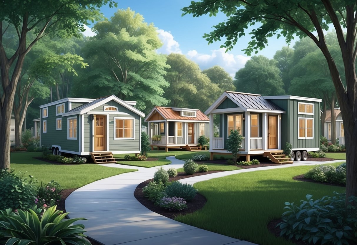 A serene tiny home community nestled among lush greenery, with well-maintained pathways, communal gardens, and cozy, modern dwellings