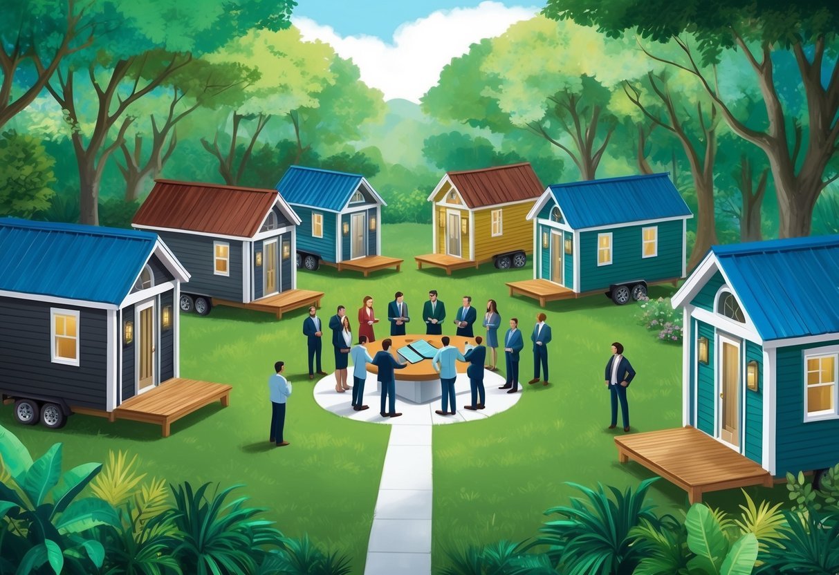 A group of tiny homes nestled in a lush, communal setting.</p><p>Residents gather around a central meeting area, discussing financial strategies and investment opportunities