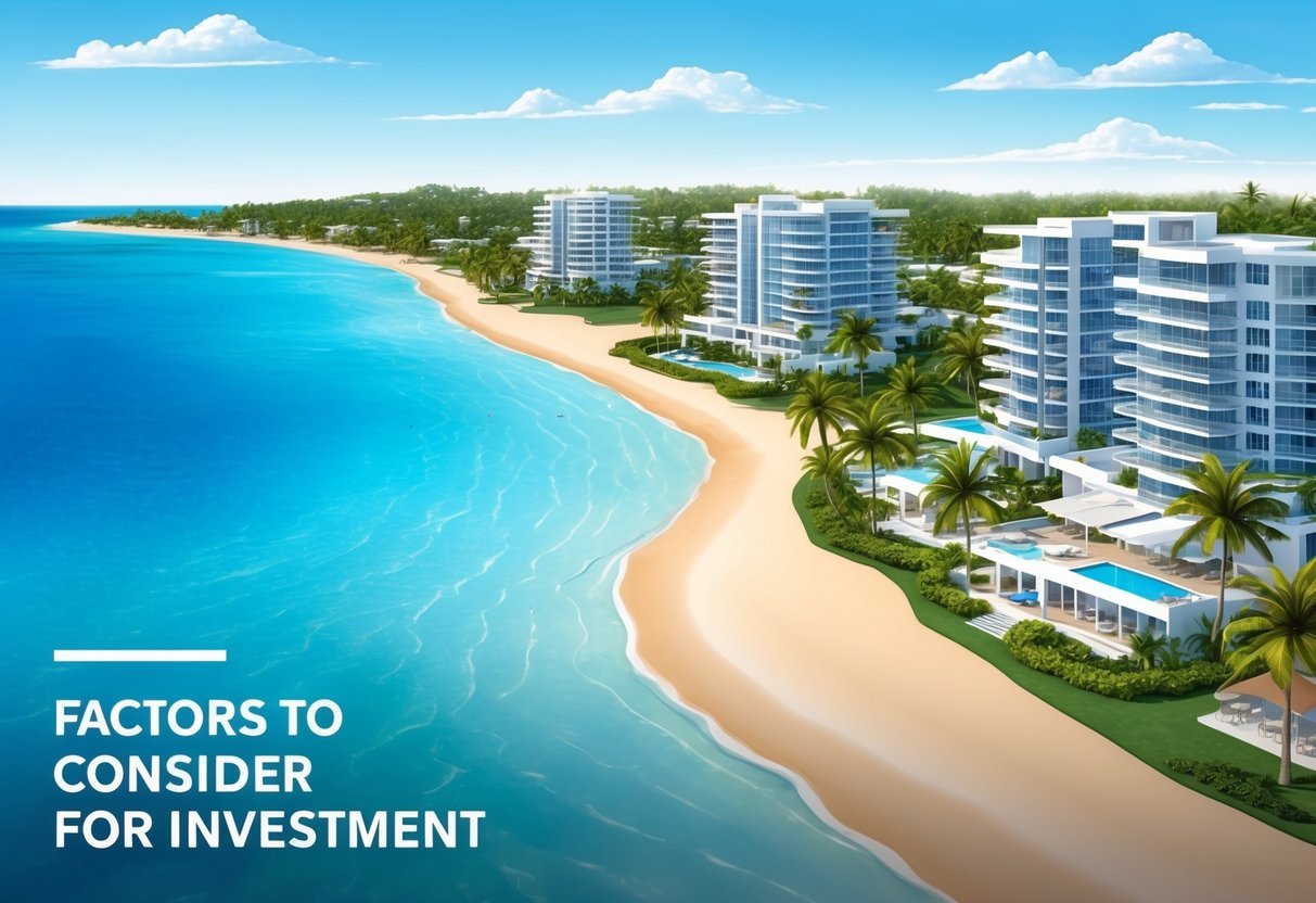 A serene beach with clear blue water and palm trees, surrounded by luxurious beachfront properties, showcasing factors to consider for investment