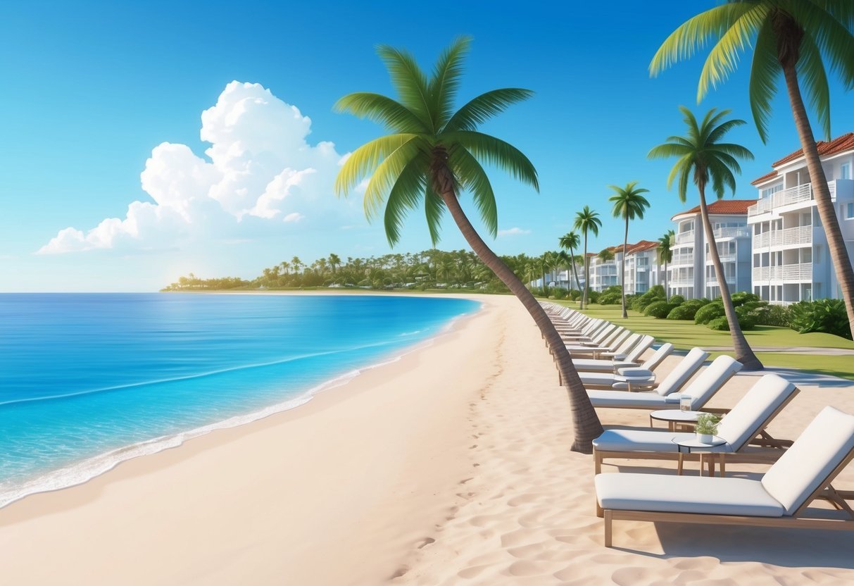 A serene beach with palm trees, clear blue water, and luxury beachfront properties lined along the shore