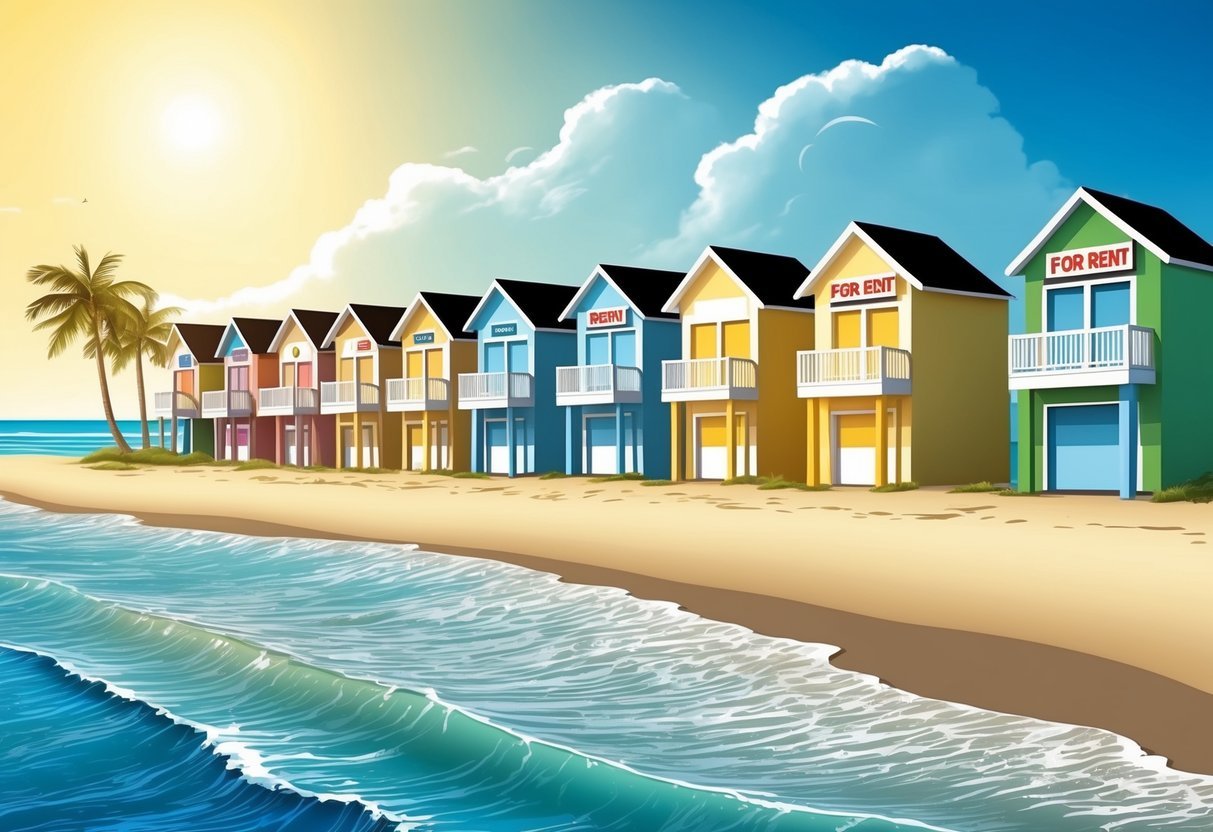 A sunny beach with a row of colorful beachfront properties, each with a "For Rent" sign displayed.</p><p>The ocean waves gently roll onto the shore, and a few palm trees sway in the breeze