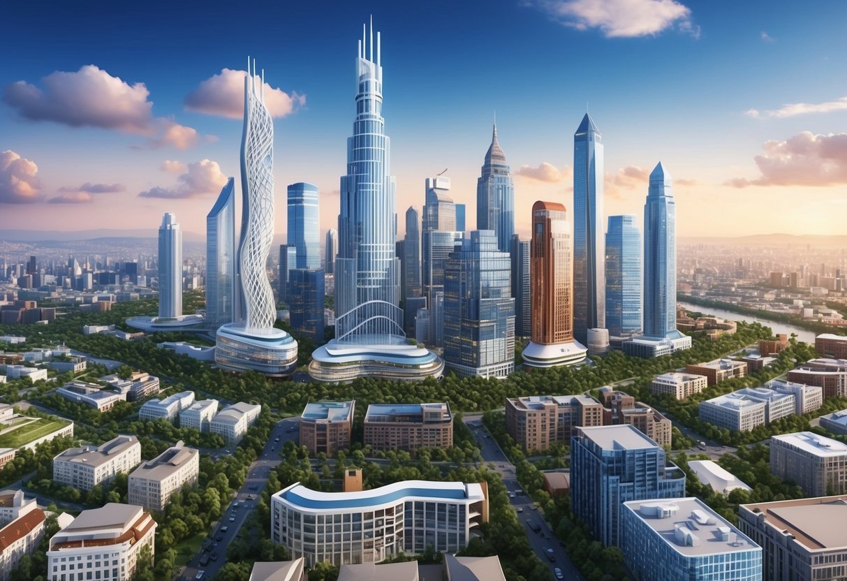 Aerial view of a futuristic city with tall, modern skyscrapers