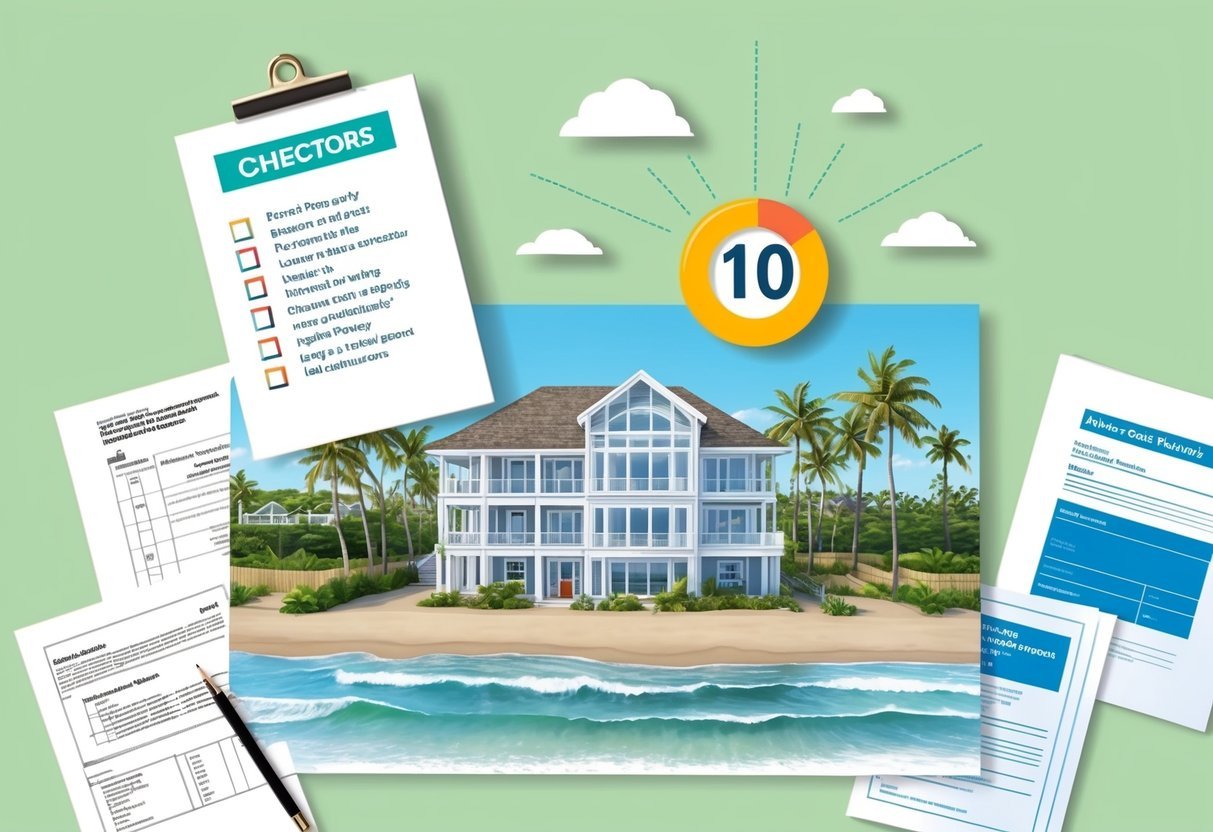 A beachfront property with a checklist of 10 factors floating above, surrounded by images of zoning regulations, blueprints, and legal documents