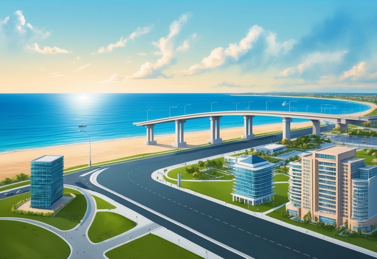 A serene beachfront with well-maintained roads, sturdy bridges, modern utilities, and reliable public services