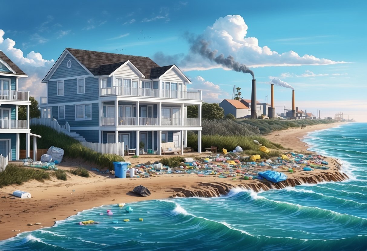 A beachfront property with eroded coastline, plastic pollution, rising sea levels, and nearby industrial development