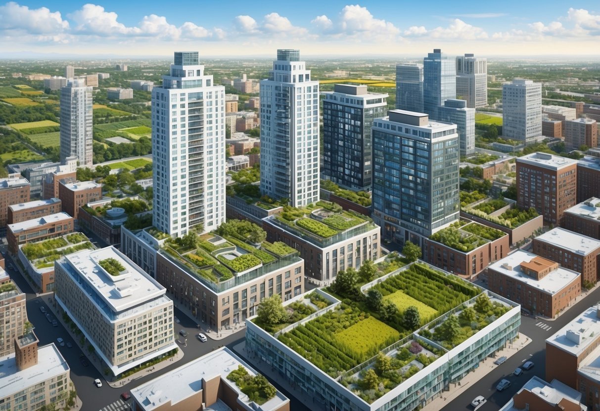 Aerial view of a modern city with green rooftops and tall buildings