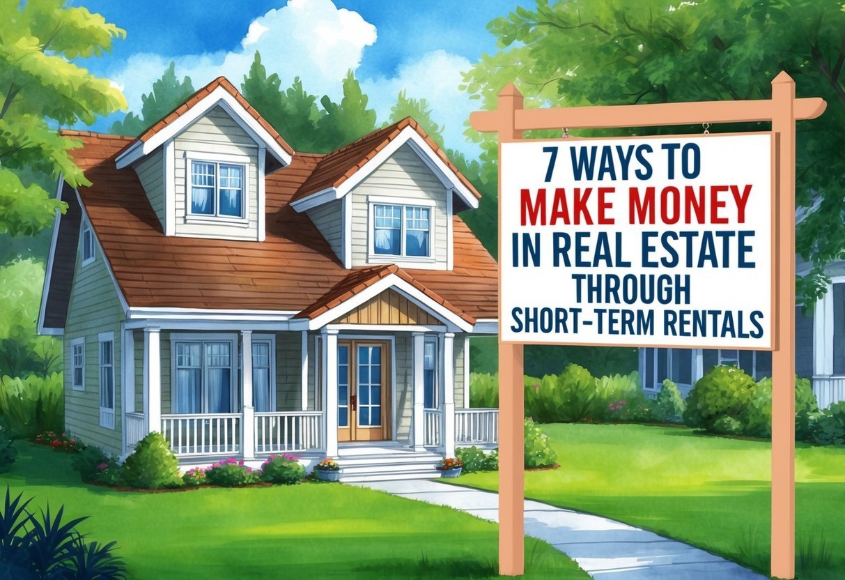 A cozy vacation rental property with a sign promoting "7 Ways to Make Money in Real Estate Through Short-Term Rentals" displayed prominently