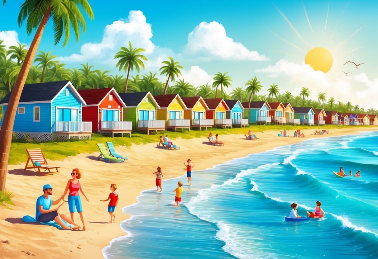 A sunny beach with colorful vacation homes lined up along the shore, surrounded by palm trees and happy vacationers enjoying the scenery