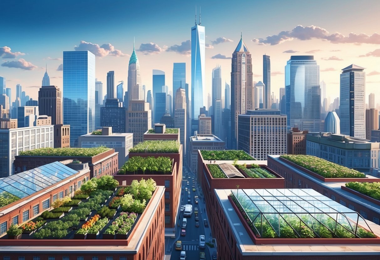 A bustling city with skyscrapers in the background, while in the foreground, there are rooftop gardens and greenhouses on top of buildings