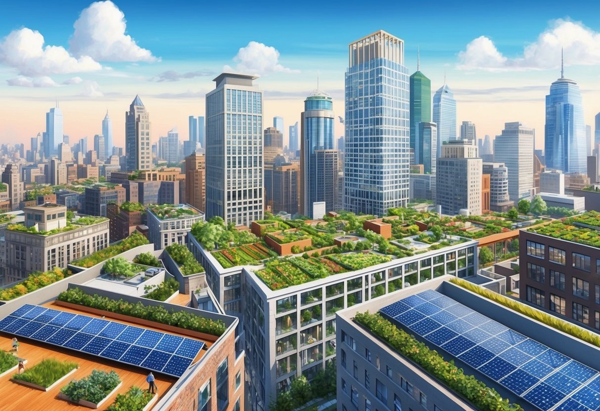 A bustling urban landscape with skyscrapers in the background, featuring rooftop gardens, solar panels, and green spaces integrated into the city infrastructure