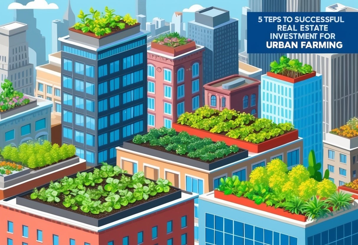 A bustling urban scene with city buildings and rooftop gardens, showcasing the 5 steps to successful real estate investment for urban farming