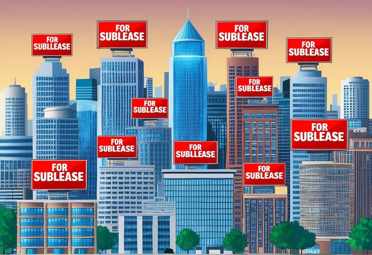 City skyline with many buildings displaying "For Sublease" signs