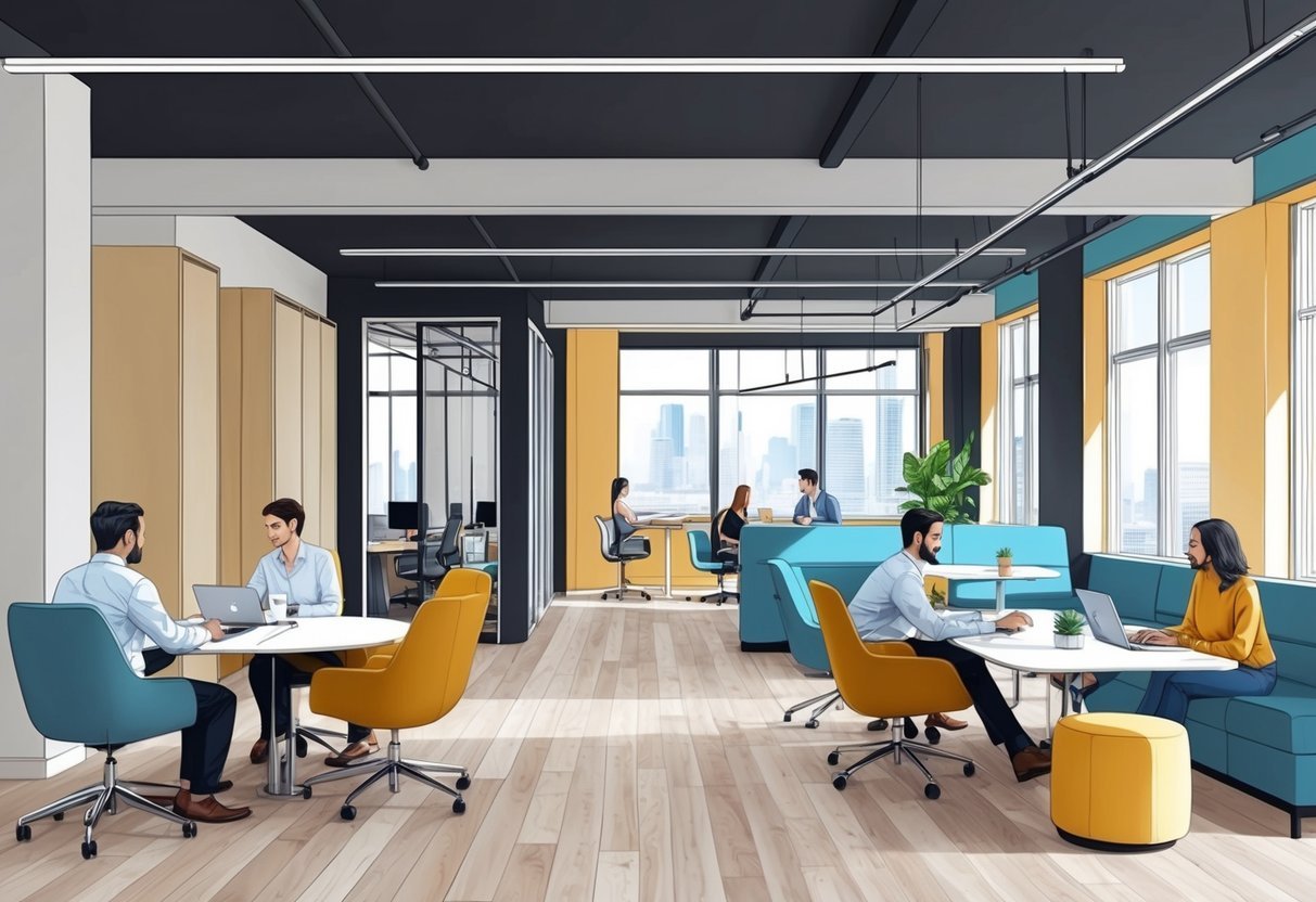 A modern co-working space filled with natural light, sleek furniture, and a mix of collaborative and private work areas